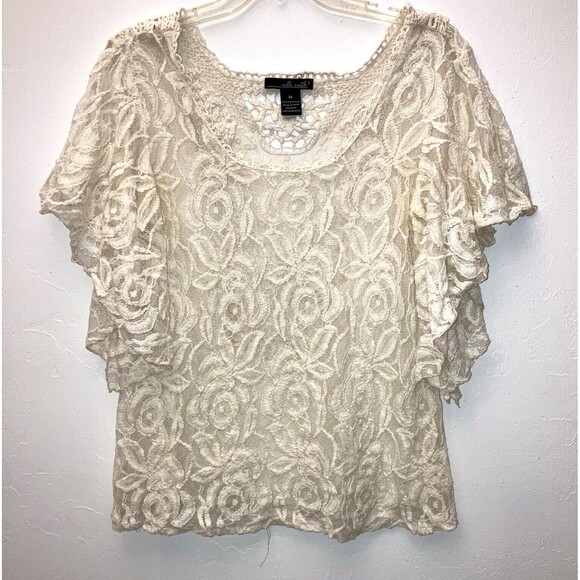 WILLI SMITH sz M Neutral Beige Lace Crochet Angel Flowy Sleeve Top Breathable - Picture 2 of 6